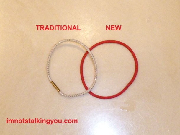 Photo showing "Traditional" and "New" style ponytail holders