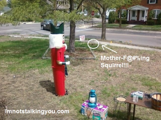 "Get out of here squirrel!  My giant nutcracker has no giants nuts for you, so just scram!  You have done enough damage around here, you filthy varmint!"
