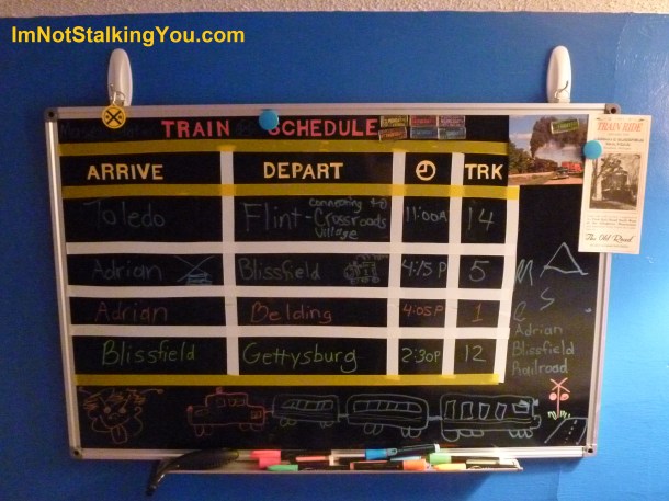 Train arrival board. It is a black magnetic dry-erase board. All the letters and lines are removable for when he gets older.